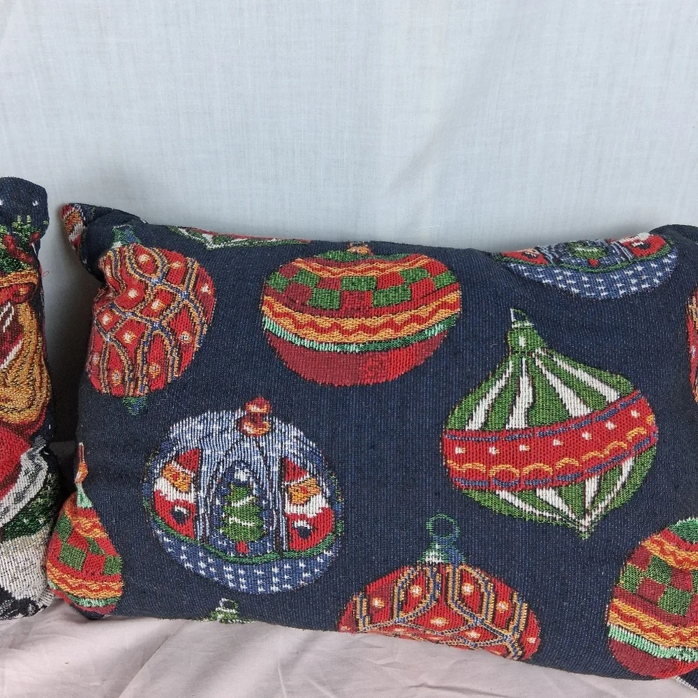 2 Tapestry Christmas Double Sided Reversible Throw Pillows Santa Ornaments Sofa